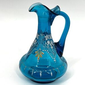 Vintage Northwood Cobalt Blue Free Blown Glass Enameled Hand-painted Jug